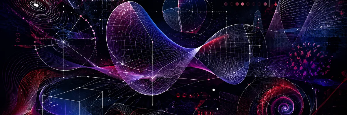 Abstract mathematical surface, matrix, spiral and curve visualisation in violet and red