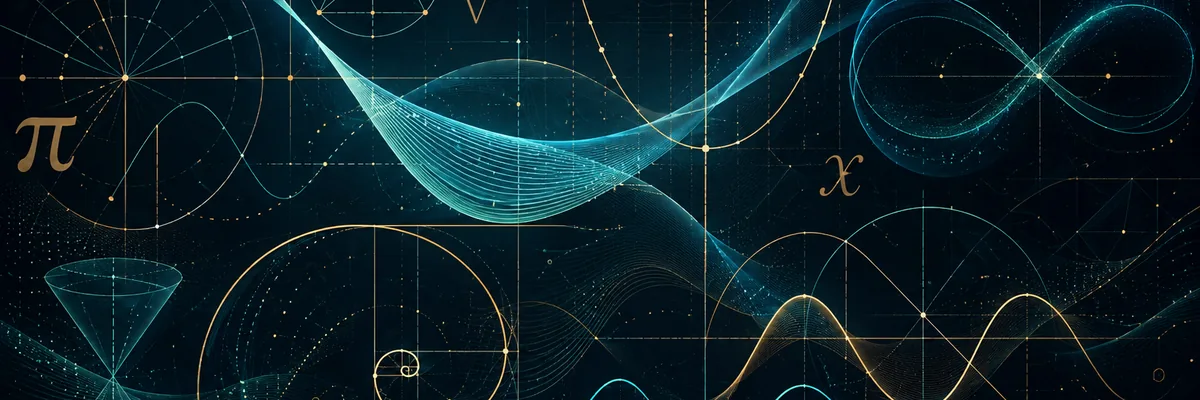 Abstract mathematical curves, spirals and coordinate geometry in teal and gold